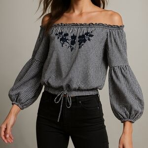 Hollister Gingham Off-Shoulder Peasant Blouse with Embroidered Floral Small